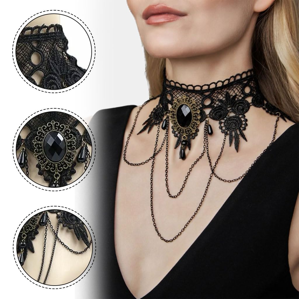 Zibuyu Lace Choker Necklace for Parties with Rhinestone Tassel and Alloy Lace Design