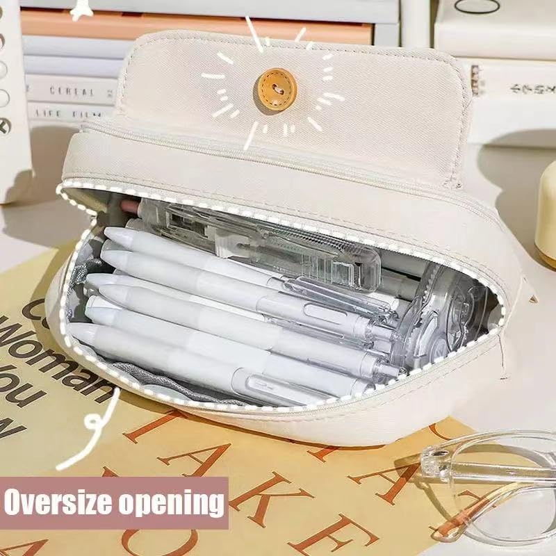 ZIBUYU® Student Pencil Pouch Canvas Pen Storage Pouch Double Layer Zip-up Pencil Pouch Office Stationery Organizer Pouch Fashion Girls Boys Pencil Storage Pouch, 21x11x7.5cm, Beige