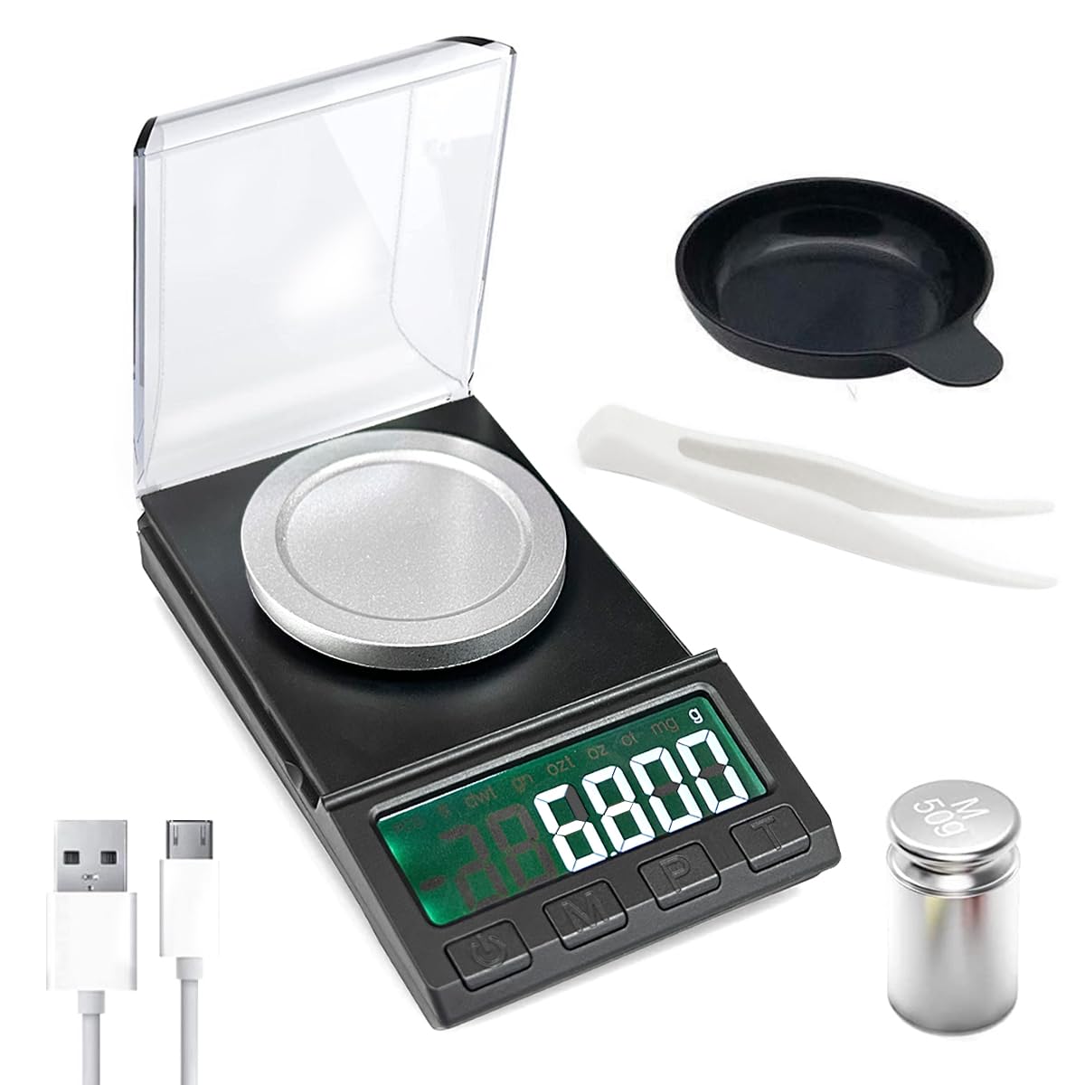 HASTHIP Digital Kitchen Weighing Scale for Home with 50g Capacity and 0.001g Precision | Portable LCD Pocket Scale with Tray Calibration Weight and Tweezer