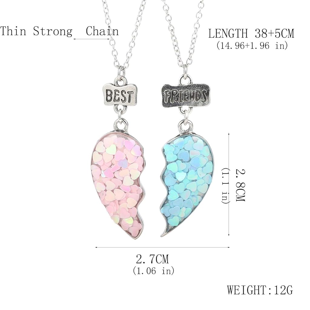 ZIBUYU® Best Friends Pendant Silver Alloy Resin Half Heart Necklace Set BFF Friendship Jewelry for Girls Charm Gift Sisters Pink Blue 6PCS