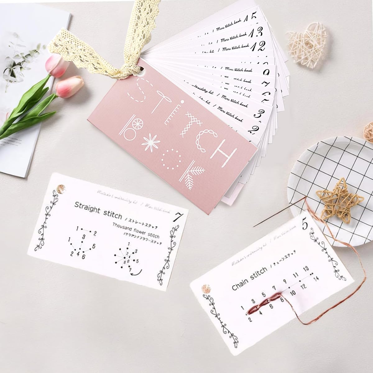 PATPAT Embroidery Stitch Guide Brochure for Beginners with Needles and Threads | Portable DIY Sewing Practice Book