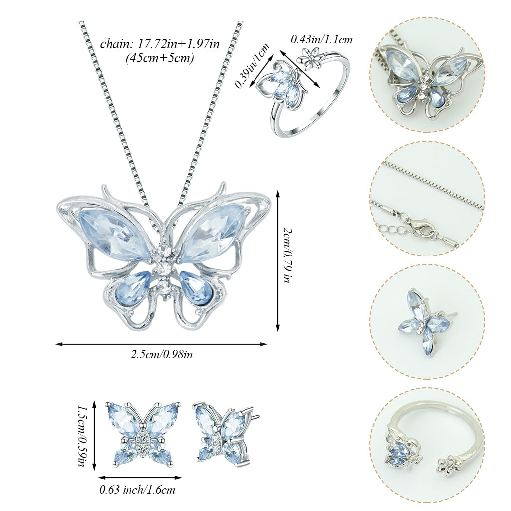 SANNIDHI Jewellery Set featuring 4 Pcs Crystal Butterfly Necklace Ring and Earrings for Women Girls | Blue Gift Collection