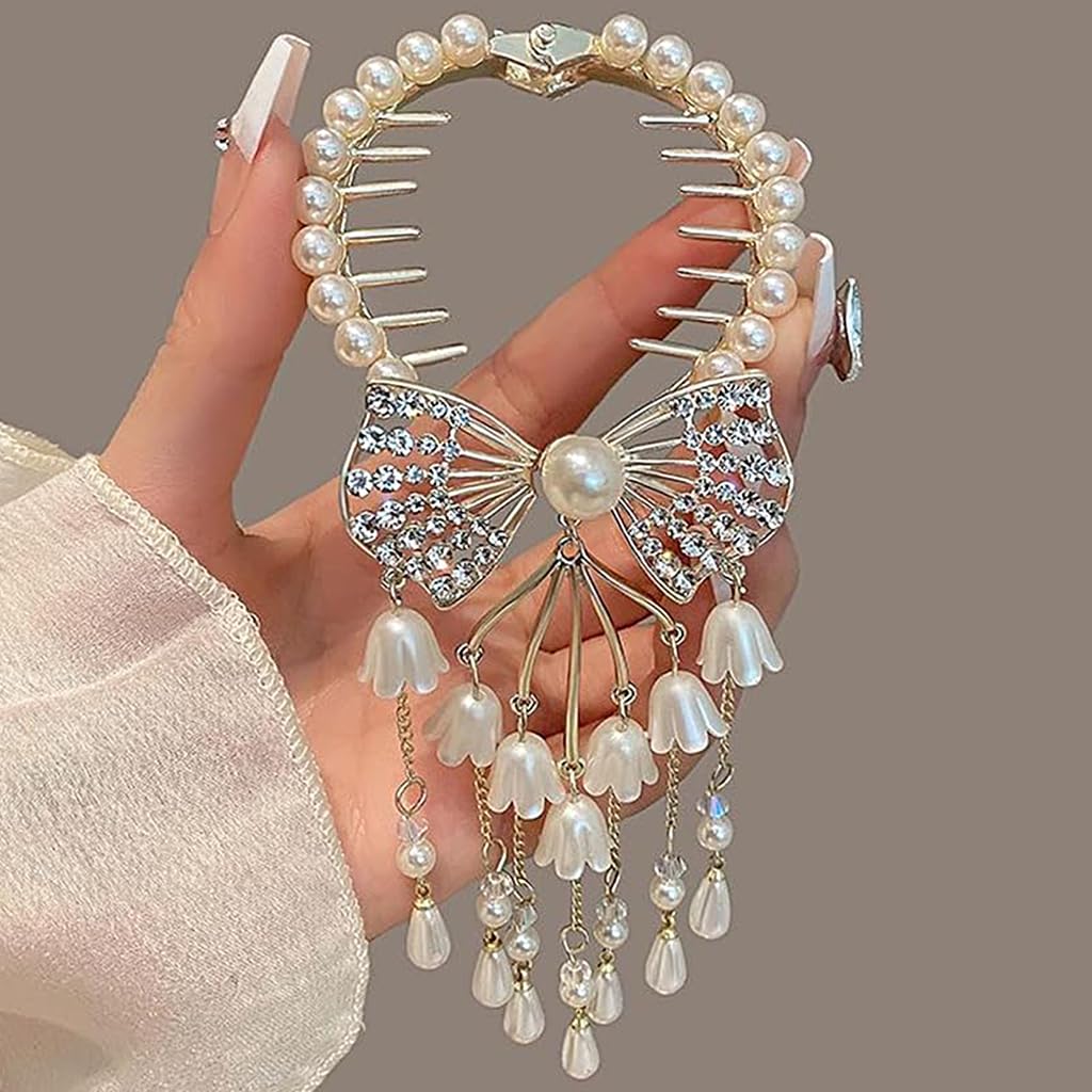 Venzina Hair Bun Accessories for Women with Pearl Tassels and Rhinestone Bow Clip | Elegant Wedding and Party Hairpiece