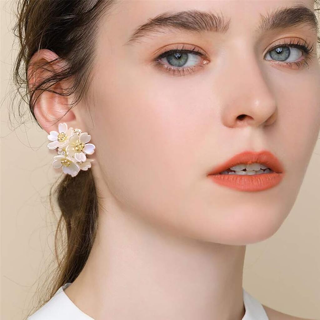 ZIBUYU Earrings for Girls featuring White Flower Hoop Design with Gold Accents | Lightweight Acetate Jewelry for Women