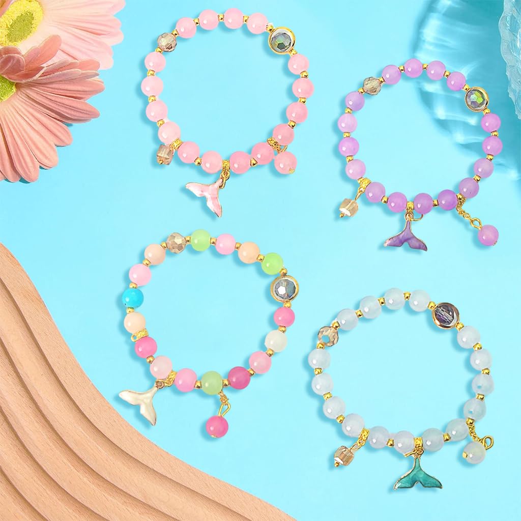 SANNIDHI Bracelet for Girls 4pcs Set, Mermaid Tail Charm Color Beads Bracelets Elastic Fashion Friendship Bracelet for Girl Kids Costume Jewelry Set Christmas Gift
