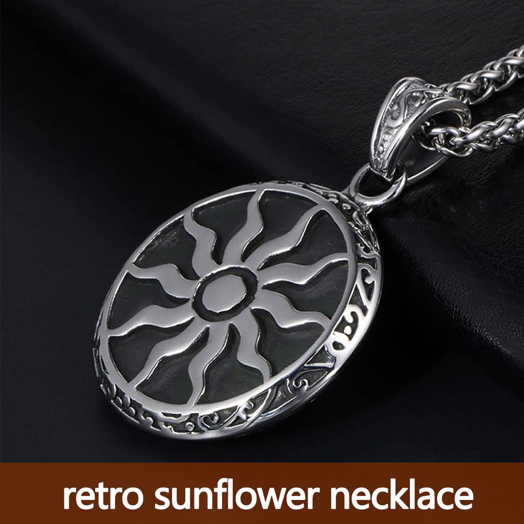 Zibuyu Sun Pendant Necklace with Polished Black Stainless Steel Chain for Men & Women | Vintage Protective Amulet Jewelry
