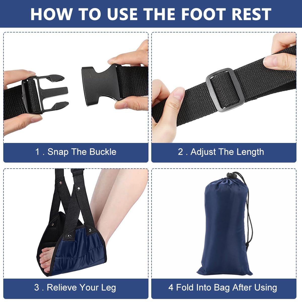 HASTHIP Airplane Footrest for Travel with Adjustable Straps and Wide Hammock Design | Blue