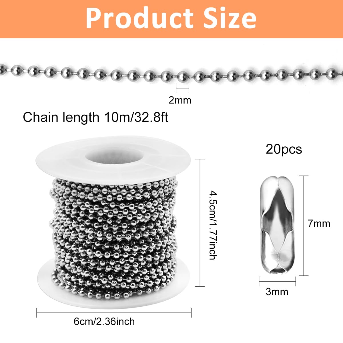 SANNIDHI Bead Chain for DIY Jewelry and Crafts featuring 32ft Length and 2.0mm Stainless Steel | Includes 20 Clasps for Easy Customization