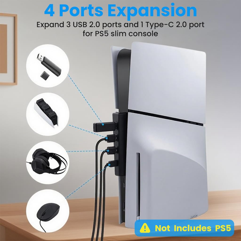ZORBES USB Hub for PS5 Slim and PS5 Pro with 4 Ports and Stable Type C Connection | Black
