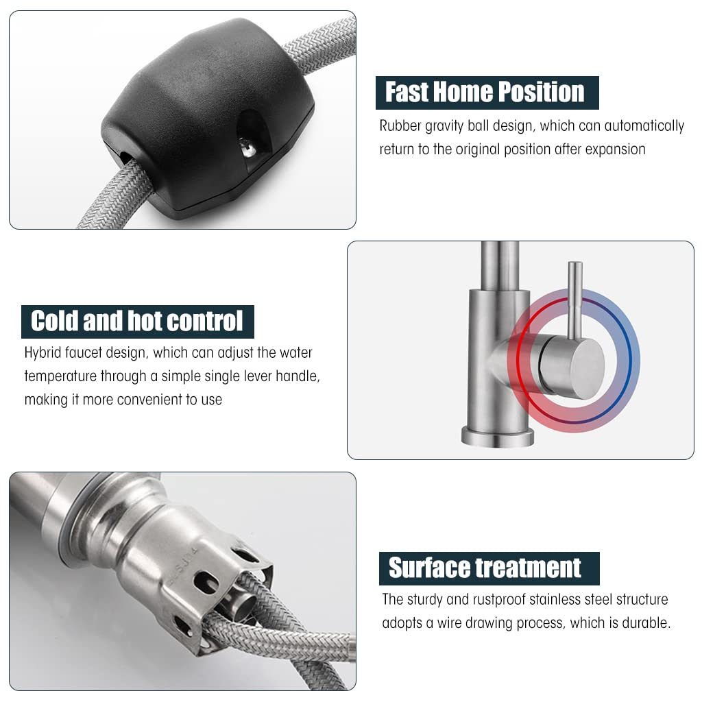 HASTHIP Kitchen Faucet for Sink with Pull Down Sprayer 360° Rotation | Brushed Nickel 304 Stainless Steel