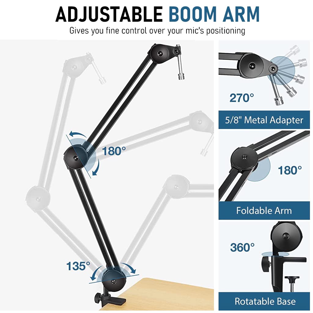 Zeitel Desk Microphone Boom Stand for Streaming and Recording with Dual-Section Arm | Steel Heavy-Duty Clamp Holds Up to 3.5 lb