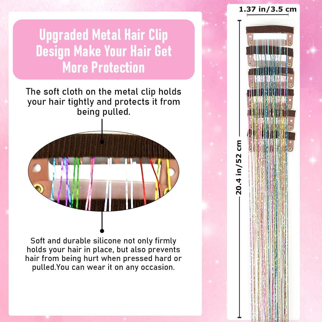 MAYCREATE Hair Tinsel Hair Extensions for Party and Daily Wear featuring Clip-in Design 6pcs 20.5in | Colorful Glitter Strands for Women and Girls
