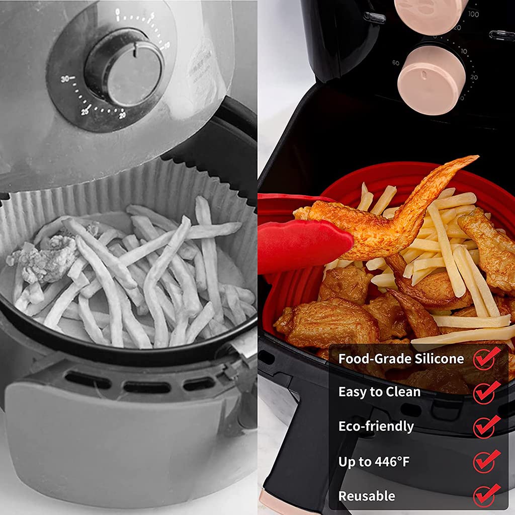 HASTHIP Air Fryer Silicone Baking Tray, 1 Pcs 8.2 Inch Foldable Air Fryer Liner for 4-7QT, Reusable Air Fryer Silicone Pot with Anti-scalding Handles, Food Safe Air Fryers Oven Accessories (Red)