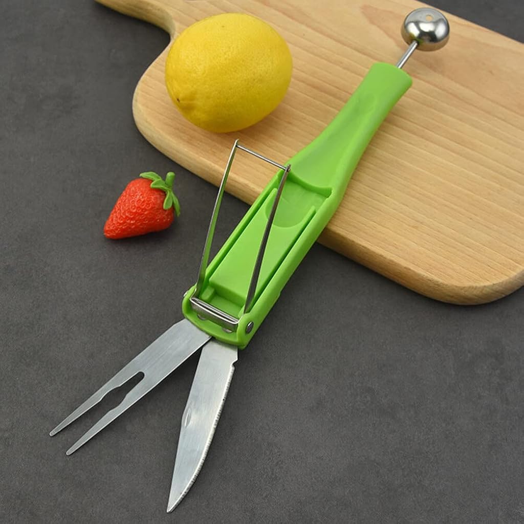 Supvox® Melon Baller Fruit Ball Spoon 4 in 1 Melon Scoop Fruit Scooper Tool with Folding Cutter & Fruit Fork Melon Scoop Tool for Cantaloupe, Dragon Fruit, Watermelon, Avocado