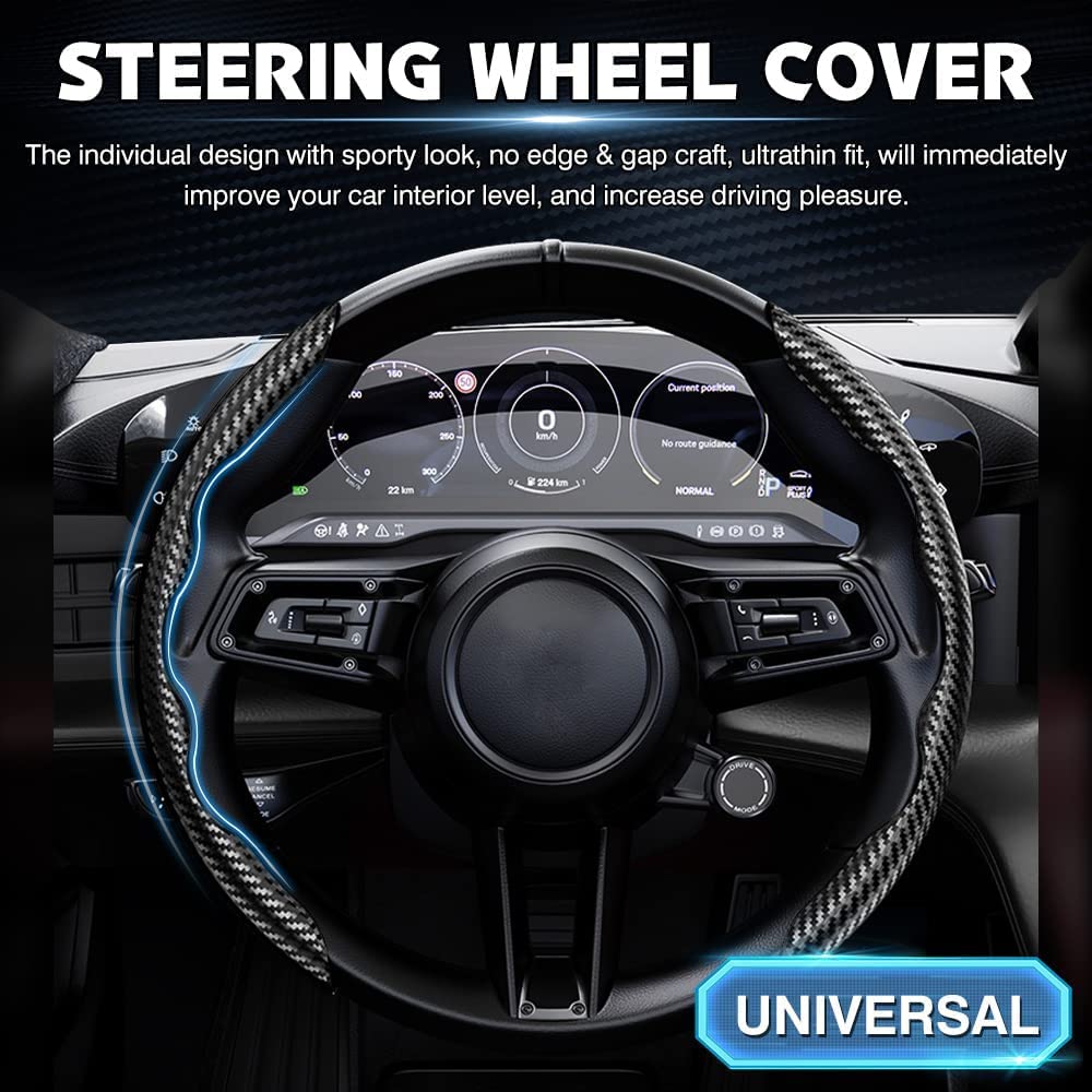 Sthira Carbon Fiber Steering Wheel Cover for 14 15 16 in Cars with Anti Slip Grip | Universal Fit