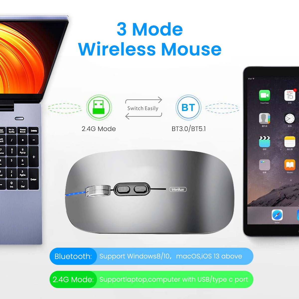 Verilux Wireless Mouse for Laptop featuring Dual Mode 2.4G and Bluetooth 5.1 | Grey 3PCS