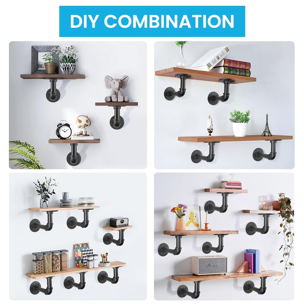 Serplex Wall Shelf Brackets for 6–12 in Wood Boards with Screws and Iron Pipe Design | 4Pcs Heavy Duty L Shaped Supports