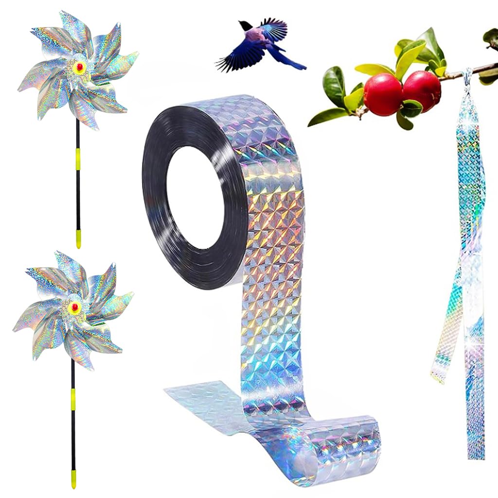 HASTHIP® 2Pcs Reflective Pinwheels & Holographic Anti-bird Belt 2.4cmx80m PET Reflective Checked Pattern Bird Repellent Belt Garden Silver Ornamental Pinwheels for Garden, Orchards