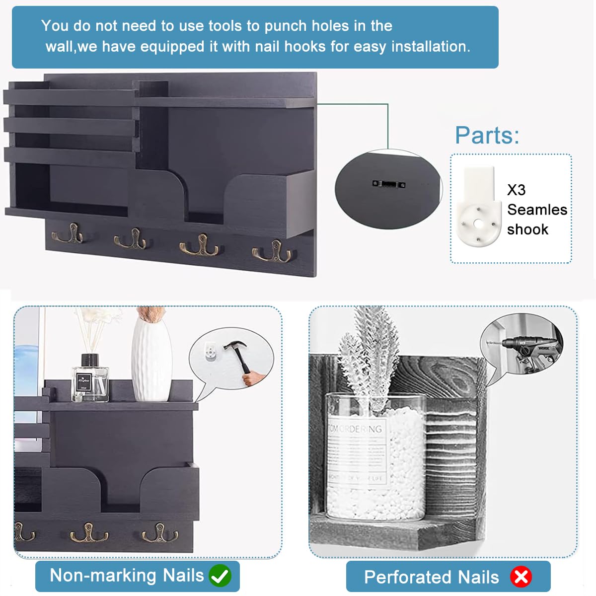 HASTHIP Key Holder for Home with Multi Compartment Wooden Organizer Rack 15.7×9.3 in | Wall Mounting Hooks for Entryway Storage