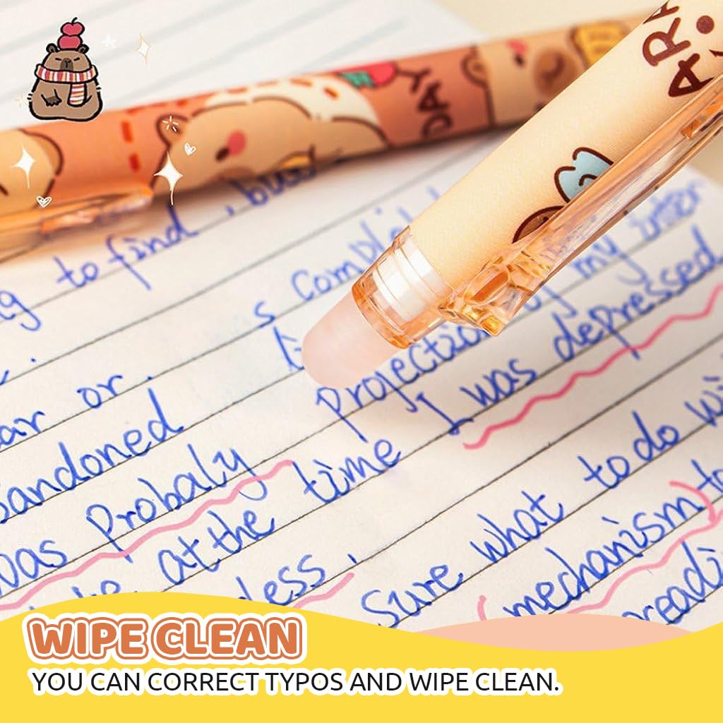 Climberty Erasable Gel Pens Set for Students with Rubber Eraser Cap Blue Ink | 12PCS Cute Capybara Design