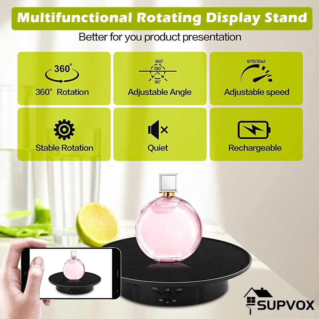 Supvox 1Pcs Electric Rotating Display Stand, USB Charge 360 Degree Rotating Turntable, 20CM /Load 8KG, Multi-Functional Rotary Table for Photography Products Shows, Jewelry, Cake (Without Battery)