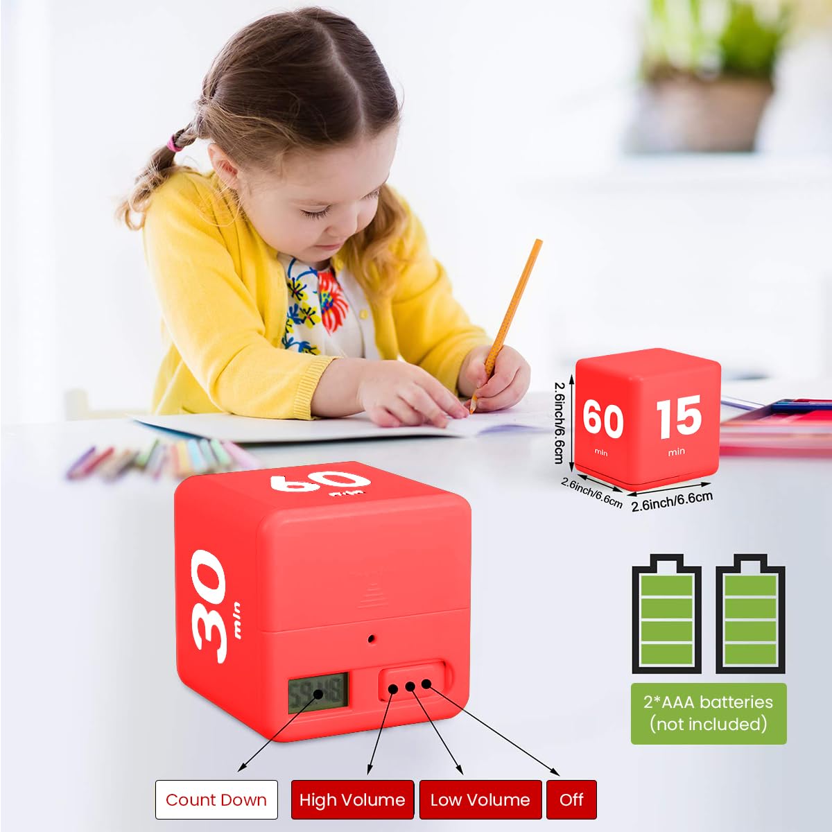 Supvox® Digital Cube Timer Mini Desk Timer 2.5'' Red Magic Cube Kitchen Timer 4-Stage Preset Time Settings Fun Study Timer Kitchen Time Battery Operated Adjustable Volume