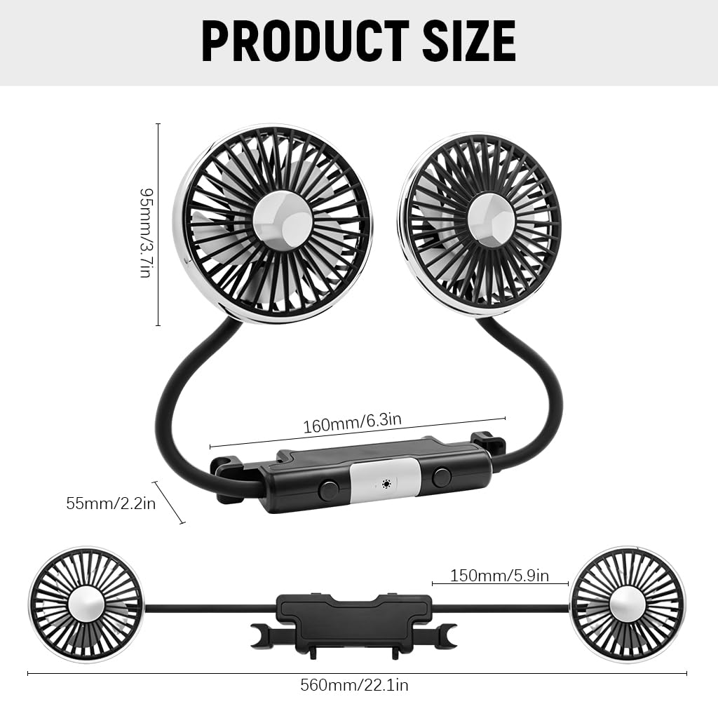STHIRA Car USB Fan for Back Seat with Dual Head 3 Speed Control and 360° Rotation | Ideal for Cars and SUVs