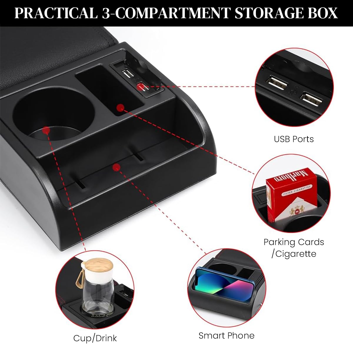 STHIRA Car Armrest for Center Console with 6cm Pad featuring Sliding Design & Dual Storage | Cup and Phone Holder