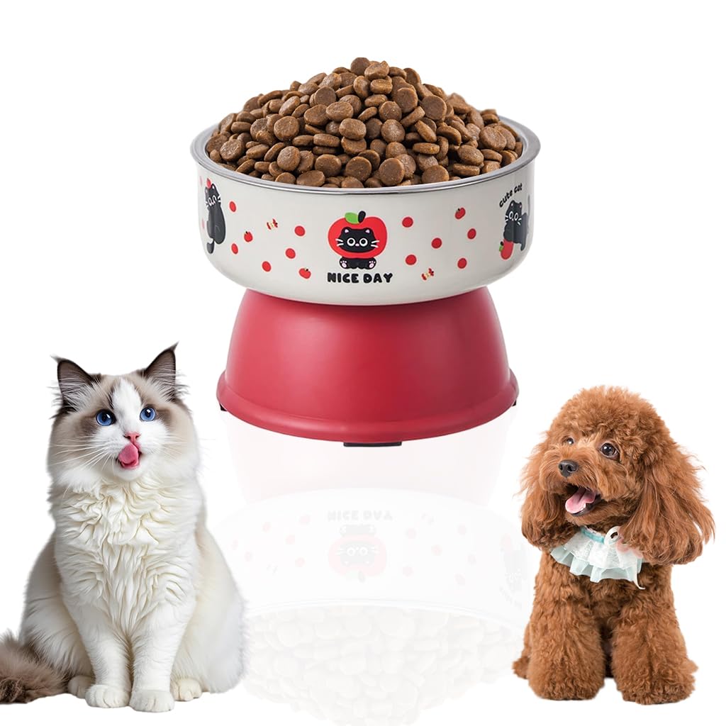 Qpets® Elevated Cat Dog Bowl, Stainless Steel Pet Feeder with Non-Slip Base, Ergonomic Raised Design Reduces Neck Strain, 10.5cm Height & 14cm Wide Mouth for Comfortable Eating