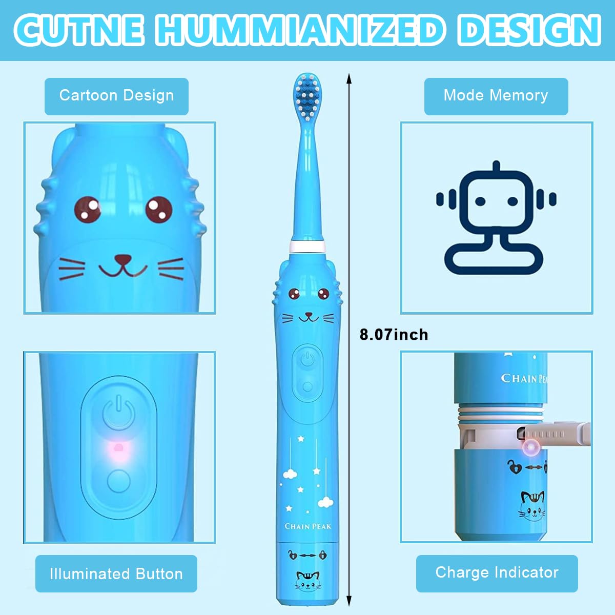 HANNEA® Electric Toothbrush For Kids, Battery Powered brush tooth, Age 3+, Soft Nylon Bristles, Chargeable automatic Tooth Brush With 6 Brushing Modes, 2 Interchangeable Brush Heads(Blue)