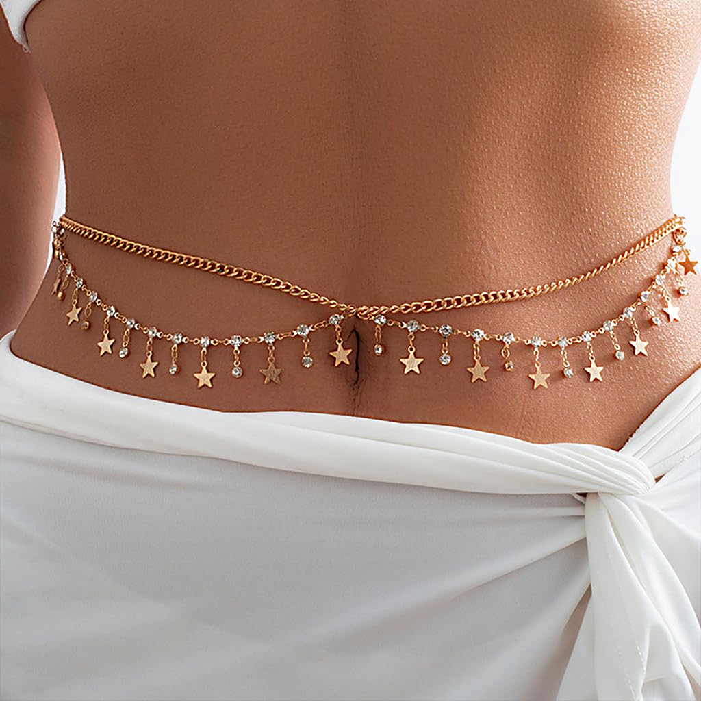 PALAY® Waist Chain for Women Stylish Sexy Dual Layer Metal Belly Hip Chain Fashion Ladies Rhinestone Stars Pendent Waist Chain for Saree, Crop Tops, Bikinis, Lehengas - 26-41 Inch