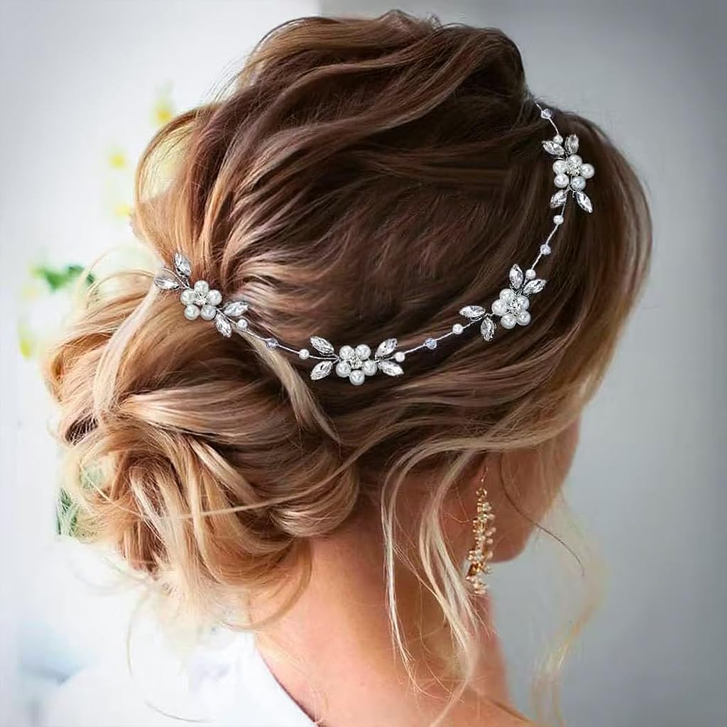SANNIDHI Bridal Headband for Weddings with Pearl and Rhinestone Floral Design | Adjustable Ribbon Tie-Back