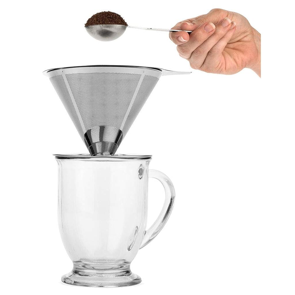 HASTHIP® Pour Over Coffee Dripper Stainless Steel Reusable Drip Cone Filter Paperless Metal Fine Mesh Strainer Brewer Maker 1-6 Cup with Non-Slip Stand Cleaning Brush 3 PCS