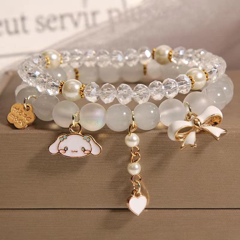 Venzina Crystal Bead Bracelet for Women and Girls with Dual Layer Design | Beige Elastic Cinnamoroll Charm Gift