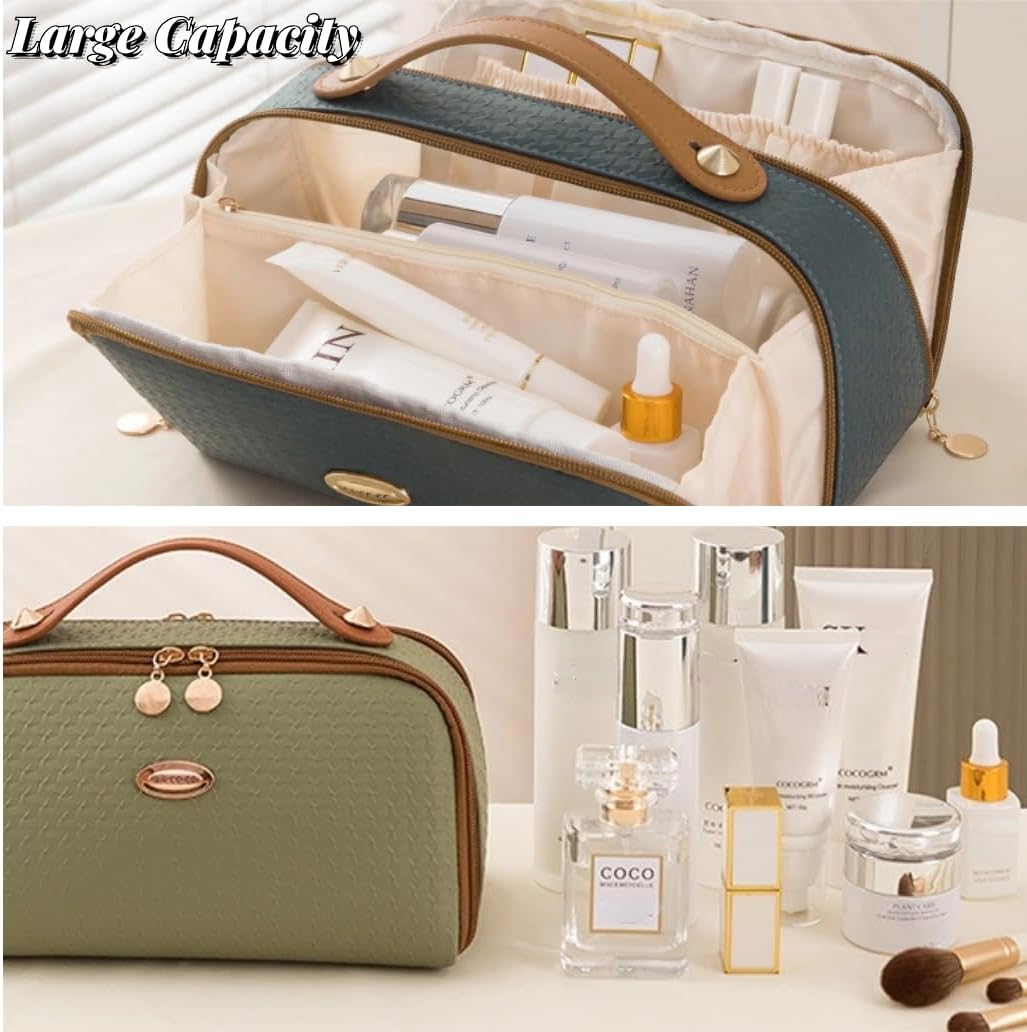 ZIBUYU® Makeup Organizer Bag Waterproof Women Travel Organizer Pouch Large Capacity Leather Cosmetic Toiletry Bag with Wide Opening, Multiple Dividers with Handle Zip Wash Bag-1PC