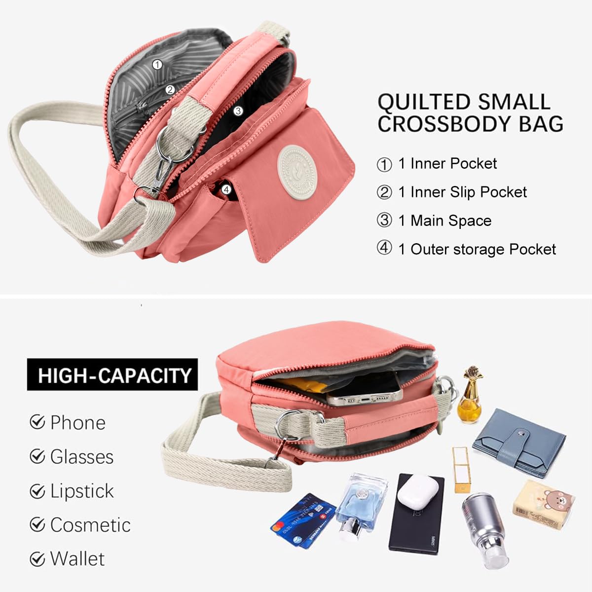 PALAY® Womens Crossbody Bag with Handle Fashion Shoulder Bag Sling Bag Travel Casual Handbag Triple Layer Small Shoulder Messenger Bags Waterproof Nylon Bag, Pink