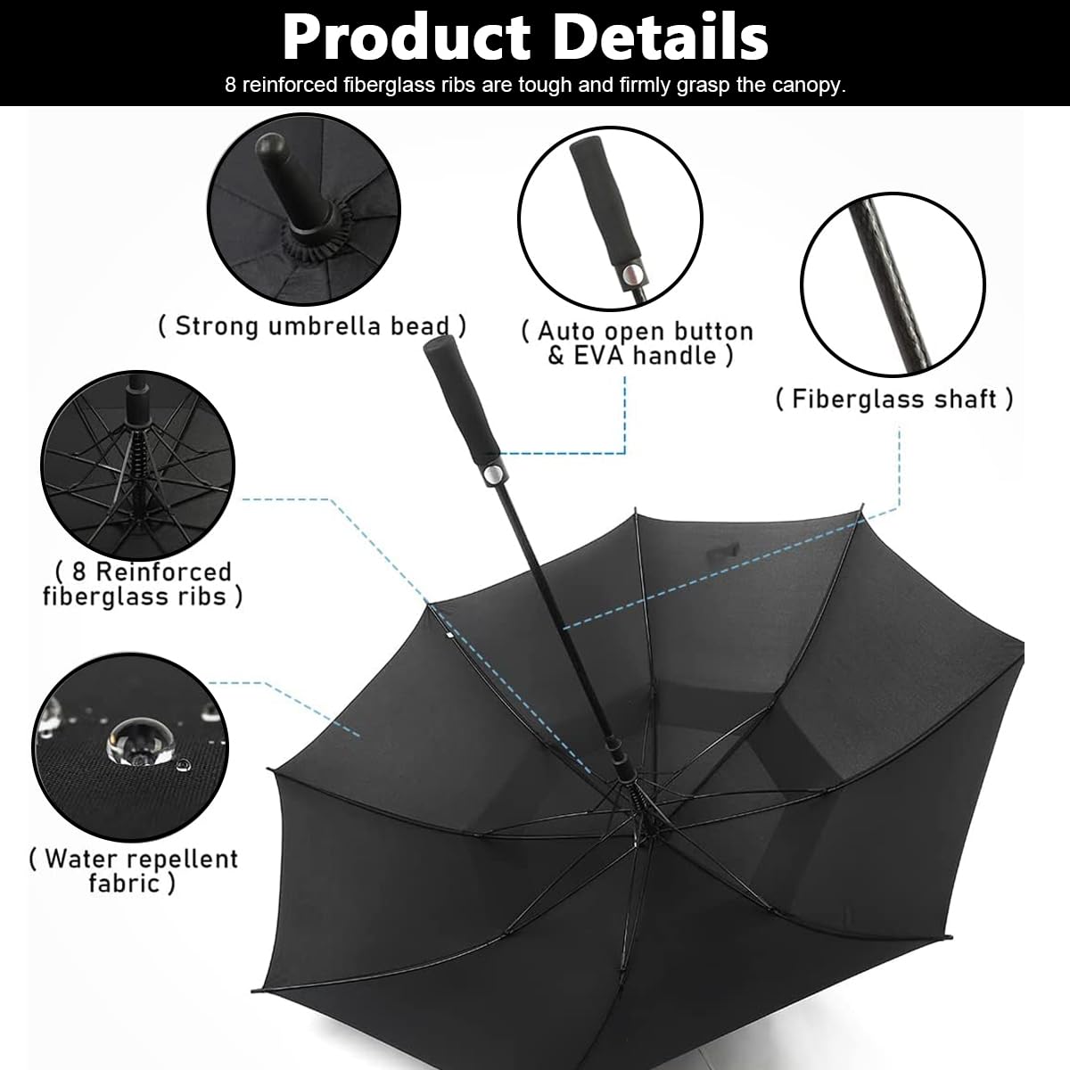 HASTHIP Big Umbrella for Men with 52 in Canopy and 8 Vent Windproof Design | Black Golf Use