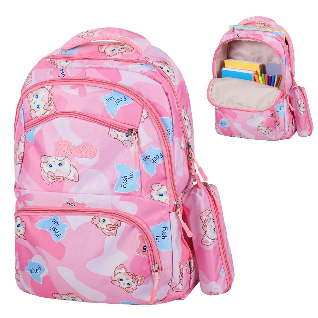 ZIBUYU Cute Girls School Backpack for Kids with Pencil Case and Lunch Box Compartment | Pink Unicorn Design for Ages 6–12