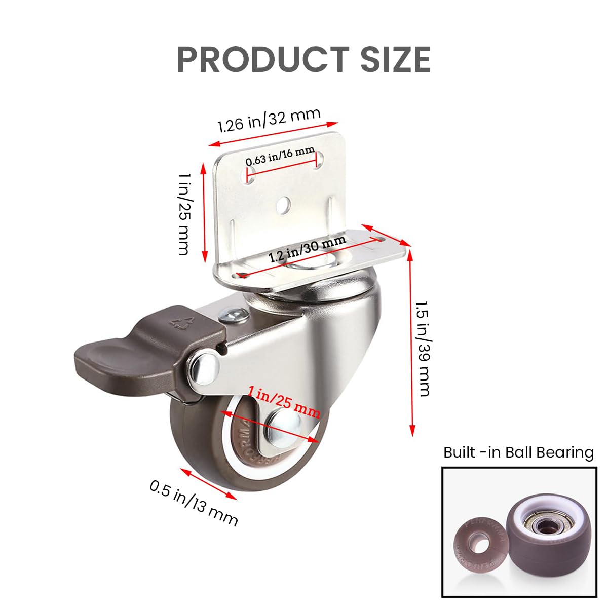 HASTHIP L-Shaped Caster Wheels, 1 Inch L-Shaped Small Rubber Casters Set of 4, 360 Degree Plate Swivel Castors Wheel, Casters Wheels for Furniture, Swivel Furniture Casters, Load 200lbs