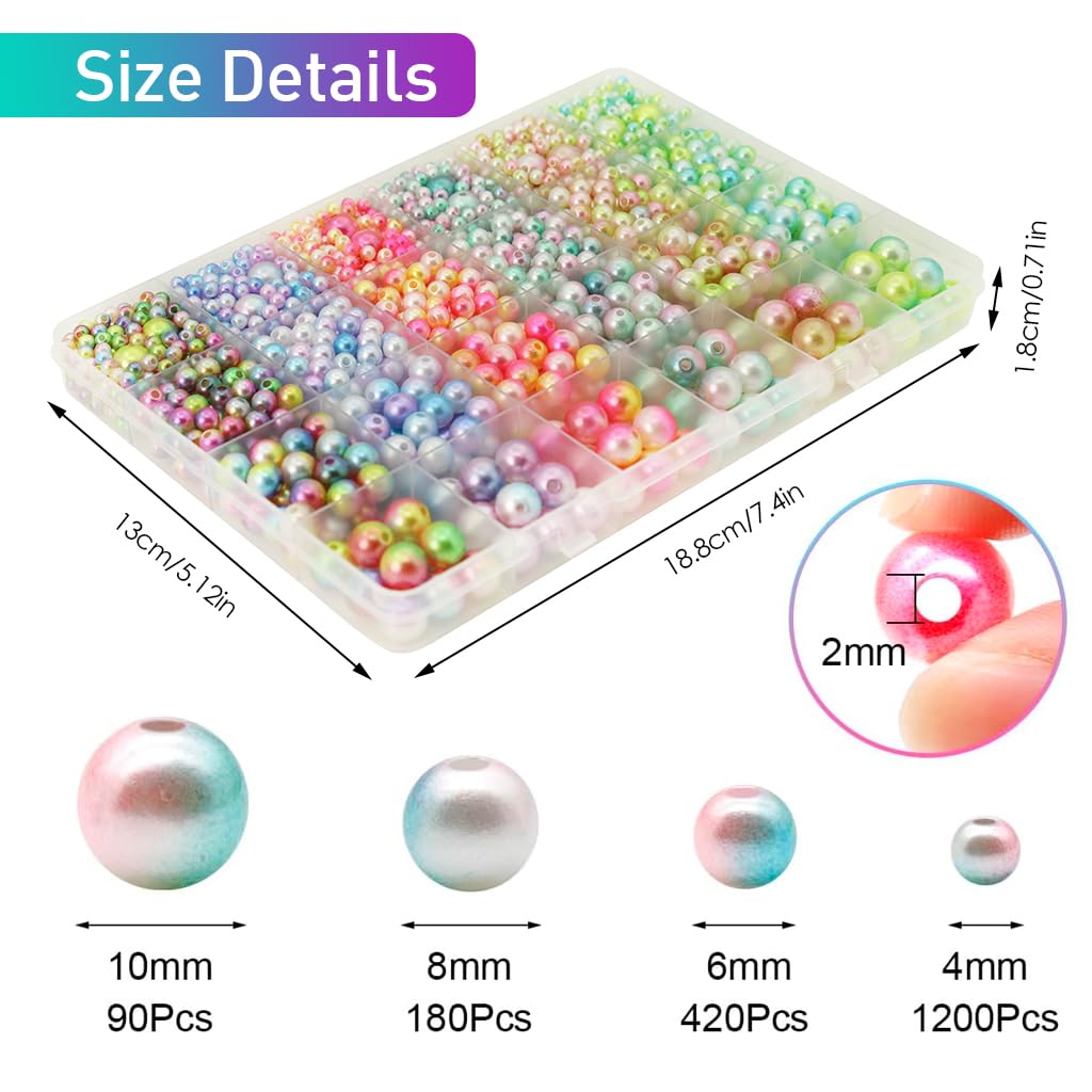Venzina Pearl Beads Kit for Jewelry Making with 1890pcs 6 Color Gradient Beads | 4mm to 10mm Assorted Sizes