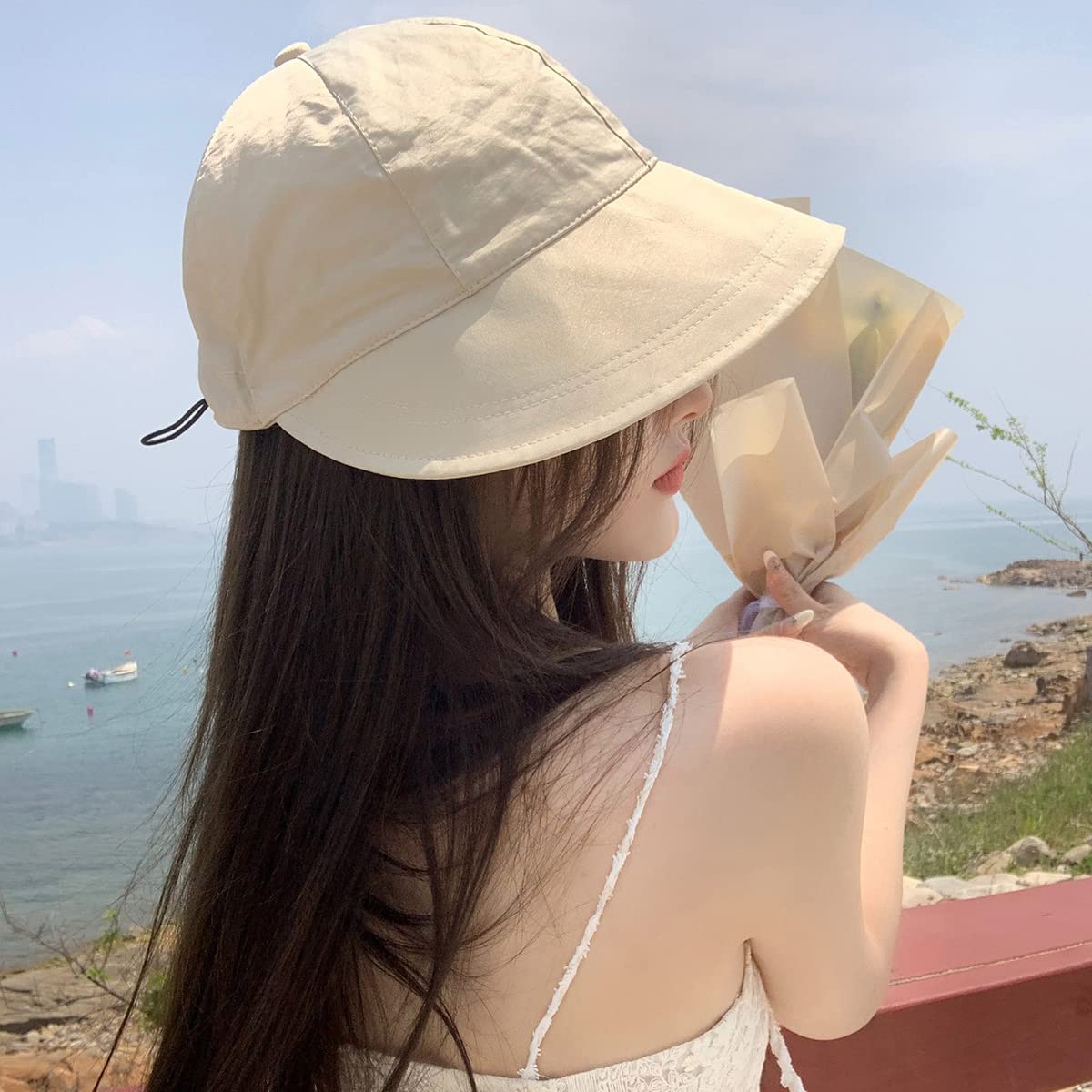 PALAY Polyester Wide Brim Hat for Women with Drawstring Closure and UV Protection | Beige Adjustable Sun Cap