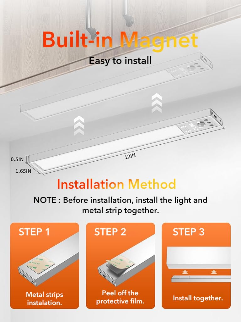 ELEPHANTBOAT® Under Cabinet Lights - 2500mAh LED Lights Motion Sensor Light Indoor, Under Cabinet Lighting 12 Inch 6000K 111 LED Wireless USB Rechargeable