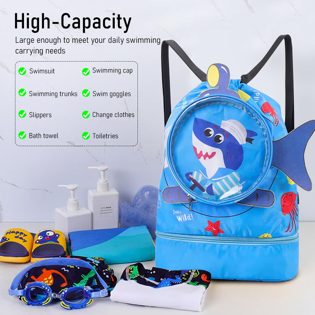 PALAY® Swimming Bag for Kids Cartoonish Print Shoulder Bag for Kids Large Capacity Backpack for Girls Boys Wet Dry Separation Drawstring Bag Beach Bag for Clothes, Swimming Goggles, Shoes, Blue