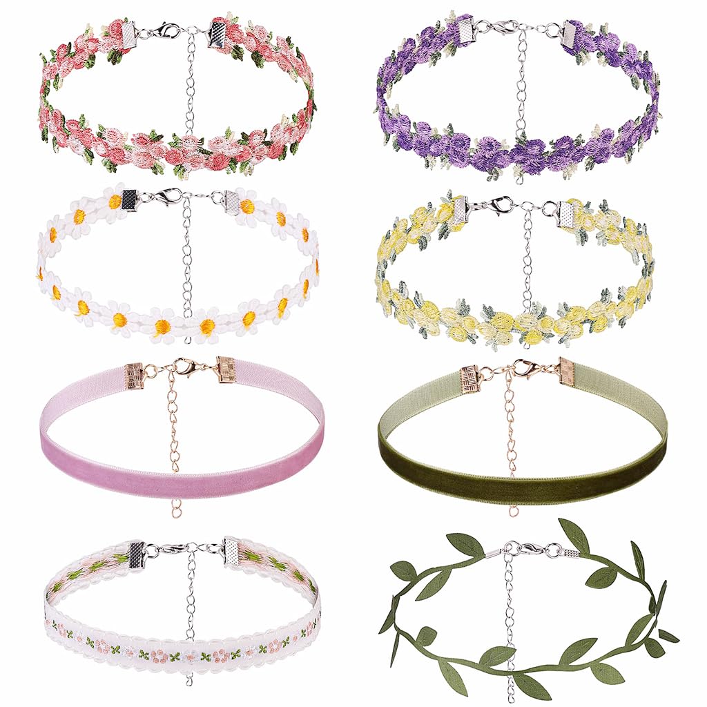 PALAY® 8Pcs Floral Choker Necklace for Women, Choker Set for Women Latest Design Lace Flower Chokers, Fashion Velvet Necklace Choker, Gothic Punk Daisy Chain Choker for Women Girls (Adjustable)