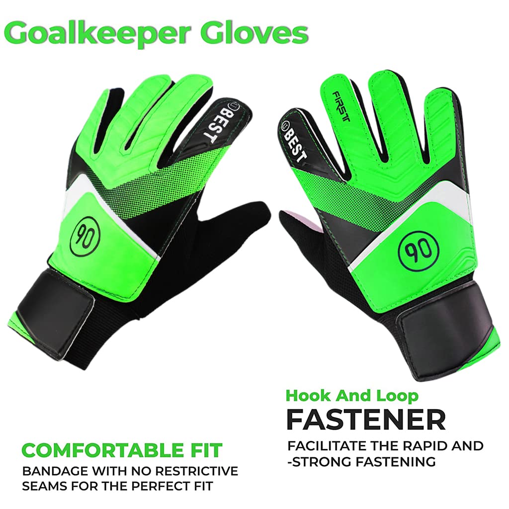 PROBEROS Goalkeeper Gloves for Kids Training with Double Wrist Bandage | Green Latex Palm 6.3–6.7 in