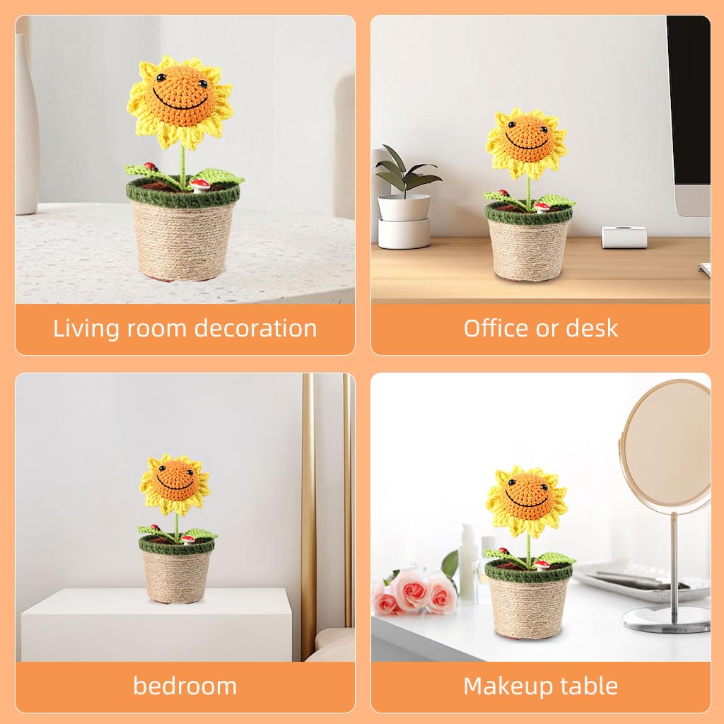 STHIRA Crochet Flower for Desk and Car Decoration with Smiley Sunflower Pot | Handmade Gift