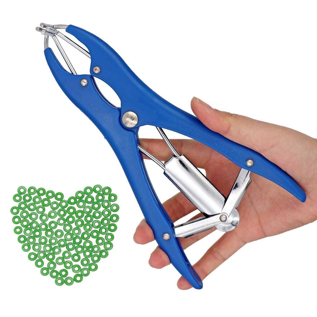 HASTHIP® Livestock Tail Cutting Pliers - Pig Sharp Cut Tail Clamp Cutter - Tail Cutting Pliers with 100 Pieces Castrator Rings - Pig Tail Docking Equipment - Tail Docking Bands for Animal Health(Blue)