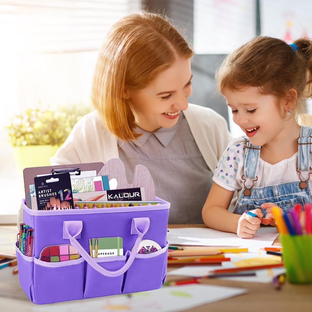 HASTHIP Art Supplies Organizer for Craft Storage with Multi Pockets and Handles 13x6x8.6 in | Oxford Fabric Purple Tote for Teachers and Artists