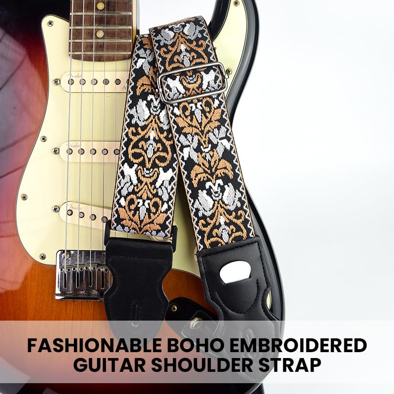 HASTHIP Guitar Strap for Acoustic, Electric and Bass Guitars with Pick Holder Slot and 85–140cm Adjustable Length | Jacquard Embroidered Cotton