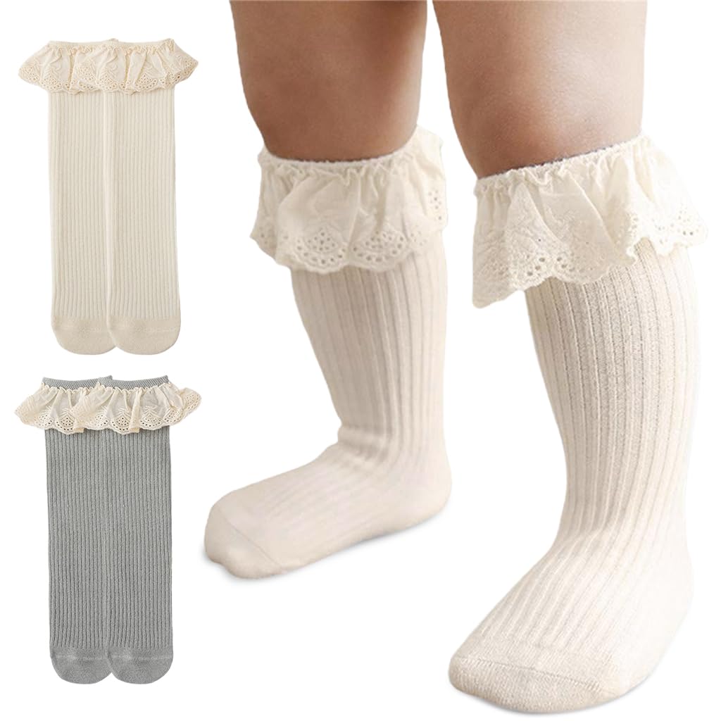 SNOWIE SOFT Baby Socks 2 Pairs for Newborn Girls with Lace Edge and Elastic Cuffs | Soft Cotton Knee High Design